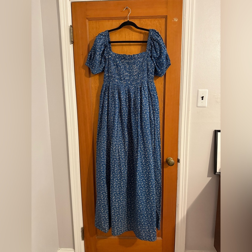 NWT EDDY Aurora Puff Sleeve Maxi Dress Queen Blue/Mini Alabaster Floral Size Med